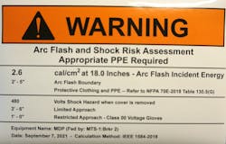 Fig. 1. An incident energy analysis was completed as part of the overall project, and an arc flash warning label was applied to the switchboard before the risk assessment begins. The label provides the worker with the necessary information about the shock and arc flash hazards to be assessed. Fig. 1. An incident energy analysis was completed as part of the overall project, and an arc flash warning label was applied to the switchboard before the risk assessment begins. The label provides the worker with the necessary information about the shock and arc flash hazards to be assessed.