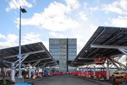 More than 1,000 solar panels mounted on the roof and parking canopies will provide power for the hotel. More than 1,000 solar panels mounted on the roof and parking canopies will provide power for the hotel.