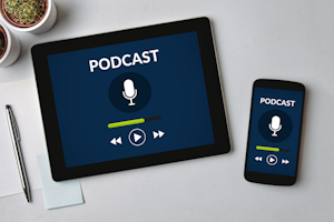 Tablet and phone displaying podcast recording