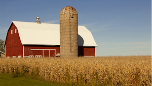 barn and silo beside field