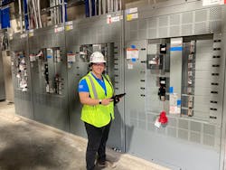 In the field, Rebecca Richardson visits construction sites to test their electrical power distribution, emergency power supply systems, and low-voltage systems.