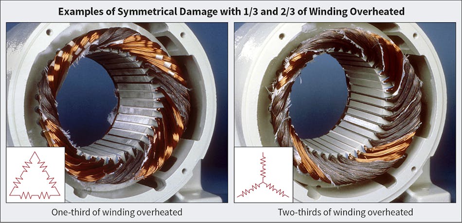 Photo 1. Examples of symmetrical damage with one-third and two-thirds of winding overheated.