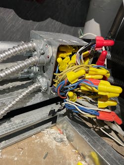 Electrical junction box overloaded with conductor terminations Electrical junction box overloaded with conductor terminations