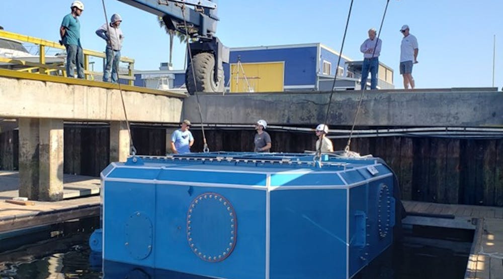 CalWave&rsquo;s submersible wave power generating device is readied for deployment off San Diego in September 2021.
