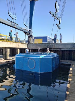 CalWave’s submersible wave power generating device is readied for deployment off San Diego in September 2021. CalWave’s submersible wave power generating device is readied for deployment off San Diego in September 2021.