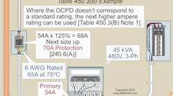 Fig. 1. This example shows how to size the primary-only protection overcurrent device and conductor for a fully loaded 45kVA, three-phase, 480V transformer.