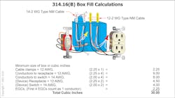 Fig. 1. This is an example of how to work your way through a hypothetical box fill calculation. Fig. 1. This is an example of how to work your way through a hypothetical box fill calculation.