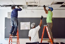 Contractors install a connected lighting system in an NGLS Living Lab. Contractors install a connected lighting system in an NGLS Living Lab.