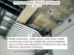 Fig. 1. Metal raceways, cable armor, and other metal enclosures must be metallically joined together into a continuous electrical conductor to provide effective electrical continuity. Fig. 1. Metal raceways, cable armor, and other metal enclosures must be metallically joined together into a continuous electrical conductor to provide effective electrical continuity.