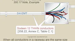 Fig. 1. When all conductors within a raceway are the same size and have the same insulation type, you can use Annex C (Table 1) to determine the number of conductors permitted for a specific raceway size.