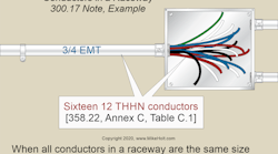 Fig. 1. When all conductors within a raceway are the same size and have the same insulation type, you can use Annex C (Table 1) to determine the number of conductors permitted for a specific raceway size.