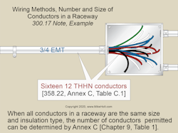 Fig. 1. When all conductors within a raceway are the same size and have the same insulation type, you can use Annex C (Table 1) to determine the number of conductors permitted for a specific raceway size. Fig. 1. When all conductors within a raceway are the same size and have the same insulation type, you can use Annex C (Table 1) to determine the number of conductors permitted for a specific raceway size.