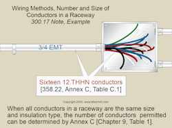 Fig. 1. When all conductors within a raceway are the same size and have the same insulation type, you can use Annex C (Table 1) to determine the number of conductors permitted for a specific raceway size. Fig. 1. When all conductors within a raceway are the same size and have the same insulation type, you can use Annex C (Table 1) to determine the number of conductors permitted for a specific raceway size.