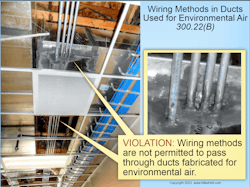 Fig. According to Sec. 300.22(B), wiring methods are not permitted to pass through ducts fabricated for environmental air. Fig. According to Sec. 300.22(B), wiring methods are not permitted to pass through ducts fabricated for environmental air.