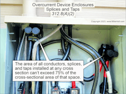 Fig. 2. The area of all conductors, splices, and taps installed at any cross section does not exceed 75 percent of the cross-sectional area of that space. Fig. 2. The area of all conductors, splices, and taps installed at any cross section does not exceed 75 percent of the cross-sectional area of that space.