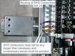 Fig. 1. Shorter conductors and minimal bends improve SPD performance by helping to reduce conductor impedance during high-frequency transient events. Fig. 1. Shorter conductors and minimal bends improve SPD performance by helping to reduce conductor impedance during high-frequency transient events.