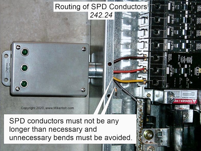 Fig. 1. Shorter conductors and minimal bends improve SPD performance by helping to reduce conductor impedance during high-frequency transient events.