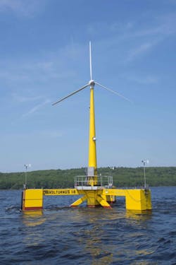 A prototype of the VolturnUS floating wind turbine developed at the University of Maine. A prototype of the VolturnUS floating wind turbine developed at the University of Maine.