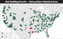 Fig. 1. The Houston and Dallas metros saw the most single-market permit activity by a wide margin in 2022. Homebuilders in these two markets pulled a combined total of more than 90,000 permits last year, according to U.S. Census Bureau preliminary annual data.