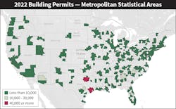 Fig. 1. The Houston and Dallas metros saw the most single-market permit activity by a wide margin in 2022. Homebuilders in these two markets pulled a combined total of more than 90,000 permits last year, according to U.S. Census Bureau preliminary annual data. Fig. 1. The Houston and Dallas metros saw the most single-market permit activity by a wide margin in 2022. Homebuilders in these two markets pulled a combined total of more than 90,000 permits last year, according to U.S. Census Bureau preliminary annual data.