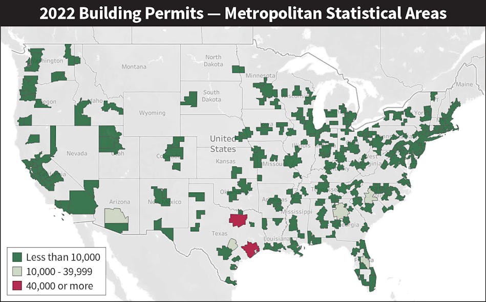 Fig. 1. The Houston and Dallas metros saw the most single-market permit activity by a wide margin in 2022. Homebuilders in these two markets pulled a combined total of more than 90,000 permits last year, according to U.S. Census Bureau preliminary annual data.
