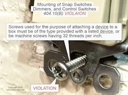 Fig. 2. The NEC requirements for mounting snap switches, dimmers, and control switches are outlined in Sec. 404.10(B). Fig. 2. The NEC requirements for mounting snap switches, dimmers, and control switches are outlined in Sec. 404.10(B).