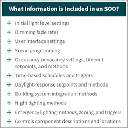 Fig. 2. The SOO provides a clear set of instructions to those responsible for setting up the lighting control system. Fig. 2. The SOO provides a clear set of instructions to those responsible for setting up the lighting control system.