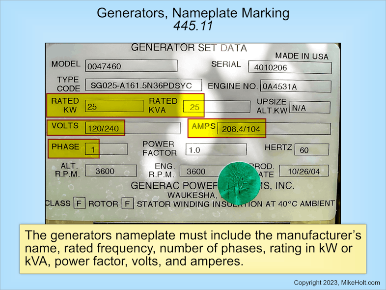Fig. 2. Per Sec. 445.11, generators must have a nameplate with the required information.