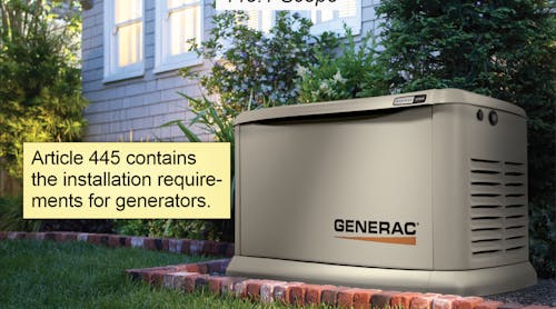 Fig. 1 The rules of Art. 445 include where generators can be installed, nameplate markings, conductor ampacity, and disconnect requirements.