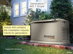 Fig. 1 The rules of Art. 445 include where generators can be installed, nameplate markings, conductor ampacity, and disconnect requirements. Fig. 1 The rules of Art. 445 include where generators can be installed, nameplate markings, conductor ampacity, and disconnect requirements.