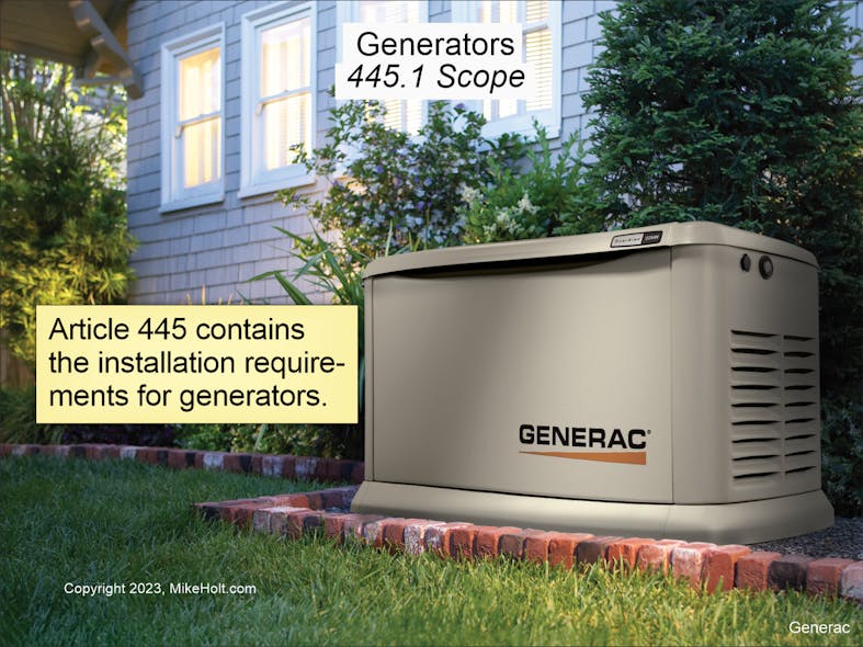 Fig. 1 The rules of Art. 445 include where generators can be installed, nameplate markings, conductor ampacity, and disconnect requirements.