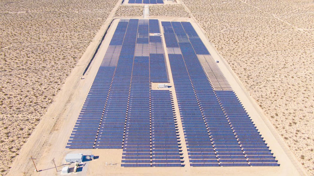Photo 2. One of the greatest challenges when it comes to solar farm installations is working in the elements. On a large-scale solar farm, such as this one located in the California desert, crews may only work in short increments due to the excessive heat.