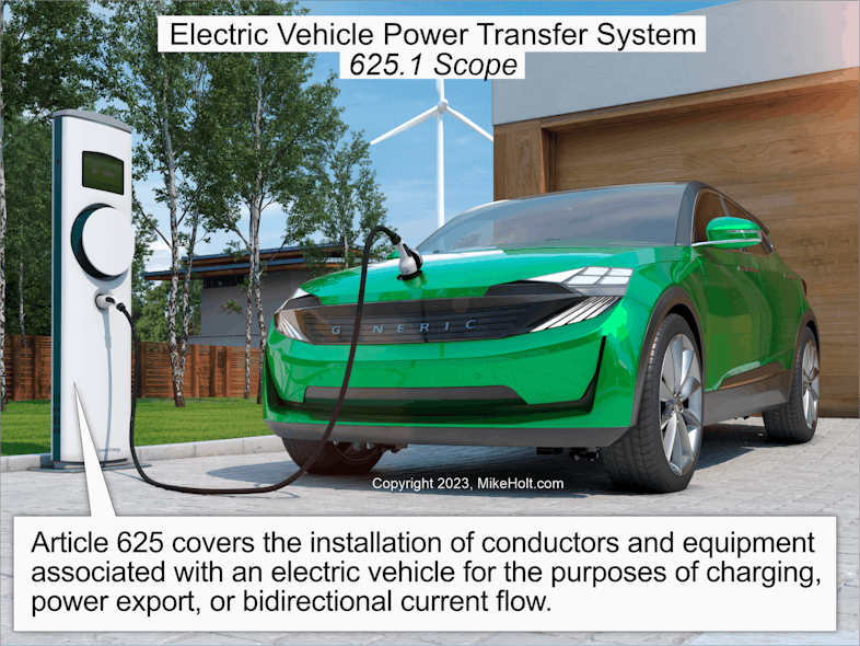 Fig. 1. An electrically powered passenger vehicle needs a dedicated charging circuit. Article 625 provides the requirements for installing the conductors and equipment for electric vehicle charging, power export, or bidirectional current flow.