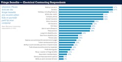 Fig. 22. Electrical contracting respondents were less likely to list any benefits than other demographic groups answering the survey. In fact, they had the highest share (11%) saying they get zero fringe benefits. Fig. 22. Electrical contracting respondents were less likely to list any benefits than other demographic groups answering the survey. In fact, they had the highest share (11%) saying they get zero fringe benefits.