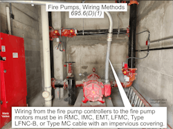 Fig. 2. Section 695.6(D)(1) has the requirements for wiring from the fire pump controllers to the fire pump motors. Fig. 2. Section 695.6(D)(1) has the requirements for wiring from the fire pump controllers to the fire pump motors.