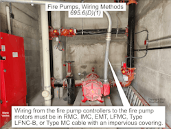Fig. 2. Section 695.6(D)(1) has the requirements for wiring from the fire pump controllers to the fire pump motors. Fig. 2. Section 695.6(D)(1) has the requirements for wiring from the fire pump controllers to the fire pump motors.