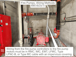 Fig. 2. Section 695.6(D)(1) has the requirements for wiring from the fire pump controllers to the fire pump motors. Fig. 2. Section 695.6(D)(1) has the requirements for wiring from the fire pump controllers to the fire pump motors.