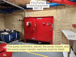 Fig. 3. Section 695.10 requires fire pump controllers, electric fire pump motors, and fire pump power transfer switches to be listed. Fig. 3. Section 695.10 requires fire pump controllers, electric fire pump motors, and fire pump power transfer switches to be listed.