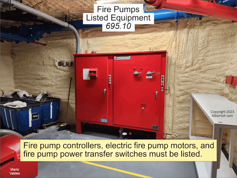 Fig. 3. Section 695.10 requires fire pump controllers, electric fire pump motors, and fire pump power transfer switches to be listed.