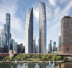 The 72-story, 958-foot-tall apartment tower to be built by Related Midwest on Chicago’s Lake Michigan waterfront will have 635 rental apartments in the north tower and as many as 1,100 units when fully built out. It’s scheduled to break ground in late 2023. The 72-story, 958-foot-tall apartment tower to be built by Related Midwest on Chicago’s Lake Michigan waterfront will have 635 rental apartments in the north tower and as many as 1,100 units when fully built out. It’s scheduled to break ground in late 2023.