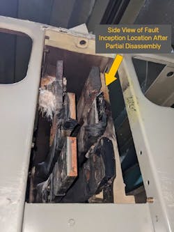 Photo 2. The fault inception location ultimately experienced an arc flash event. Photo 2. The fault inception location ultimately experienced an arc flash event.