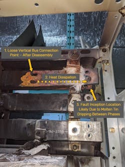 Photo 1. An inspection of this A-phase bus provides clues to the root cause of its failure. Photo 1. An inspection of this A-phase bus provides clues to the root cause of its failure.