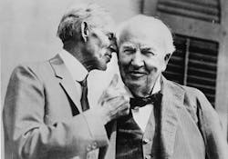 Photo 1. This photo shows Henry Ford whispering into the ear of Thomas Edison. After meeting at a conference in 1896, the pair became lifelong friends. Could it be the two were discussing how their worlds would intersect? Photo 1. This photo shows Henry Ford whispering into the ear of Thomas Edison. After meeting at a conference in 1896, the pair became lifelong friends. Could it be the two were discussing how their worlds would intersect?