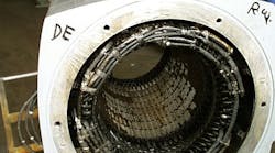 Note how the winding of this motor is completely overheated in all phases. Note how the winding of this motor is completely overheated in all phases.