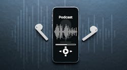 phone and airpods with podcast