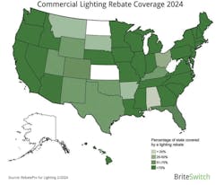 In 2024, 78% of the United States has access to commercial lighting rebate programs. In 2024, 78% of the United States has access to commercial lighting rebate programs.