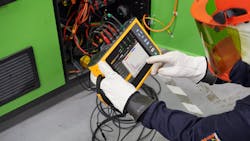 Photo 2. Placing a power quality analyzer on a circuit is a good way to record disturbances in the system over time. Photo 2. Placing a power quality analyzer on a circuit is a good way to record disturbances in the system over time.