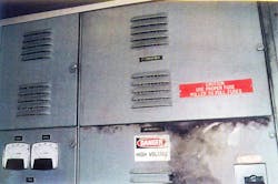 Photo 2. The upper cabinet in this switchgear lineup lacks a &ldquo;Danger High Voltage&rdquo; label.