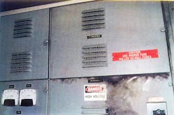 Photo 2. The upper cabinet in this switchgear lineup lacks a “Danger High Voltage” label. Photo 2. The upper cabinet in this switchgear lineup lacks a “Danger High Voltage” label.