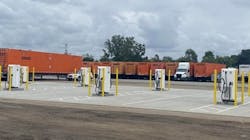 Each of the 16 chargers at the Schneider National Operations Center can refuel two heavy-duty trucks at the same time. Each of the 16 chargers at the Schneider National Operations Center can refuel two heavy-duty trucks at the same time.